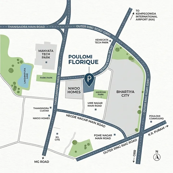 Poulomi Florique location map on Thanisandra Main Road, Kannur, Bengaluru
